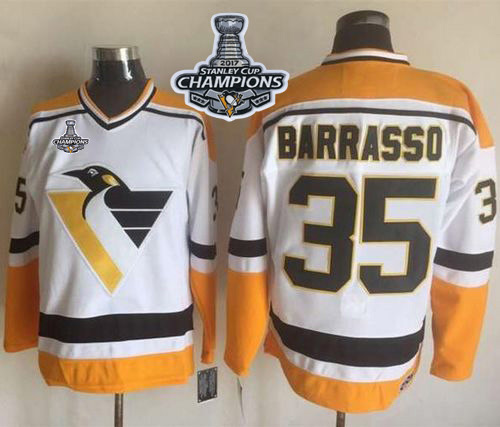 Penguins #35 Tom Barrasso White/Yellow CCM Throwback Stanley Cup Finals Champions Stitched NHL Jersey
